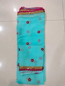 Turquoise Floral Embroidered Saree