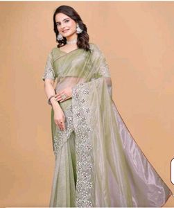 Elegant Olive Green Twill net embroidery  work Sar