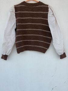 Brown Knit Sweater with Blouse Sleeves