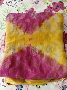 Chiffon Yellow And Pink Saree with Blouse