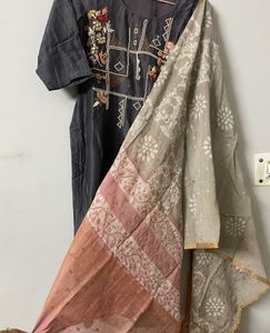 Elegant Metallic Grey 3D Embroidered Suit Set