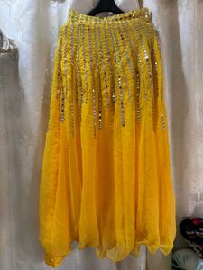 Mirror Work Yellow Lehenga With Blue Choli