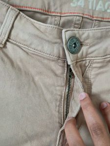 (30 Waist) Beige Denim/Cotton Blend With Side Slit