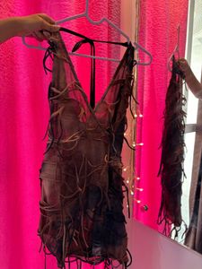 Brown Tie Dye Fringe Dress