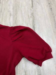 Burgundy Mini Dress with Puff Sleeves &amp; High Neck