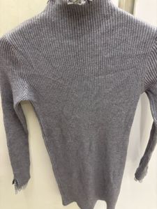 Gray Ruffle Neck Knit Dress
