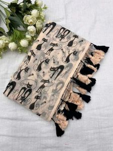 Cute Cat Print Saree with tassels