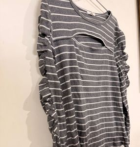 Striped Cutout Rouched Sleeve Top