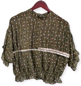 Olive Green Patterned Ruffle Sleeve Blouse