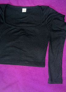 Black Ribbed Long Sleeve Crop Top