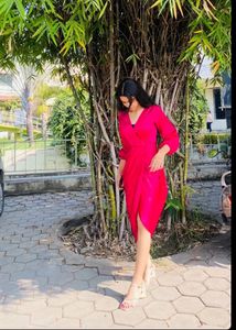 Hot Pink Satin Knee Length Dress 💗💗