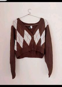 H&M Brown Argyle Crop Cardigan.