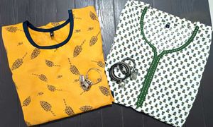 Combo of 2 Cotton Straight Kurties White & Mustard