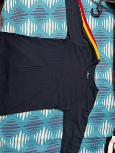 Navy Long Sleeve Tee with Striped Sleeves- S