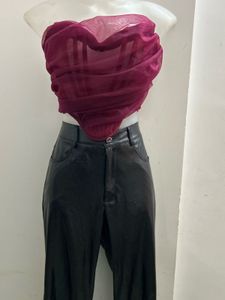 Maroon Top With Leather Pant Combo