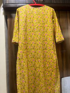 Bright Yellow Floral Block Print Kurta with Lace D