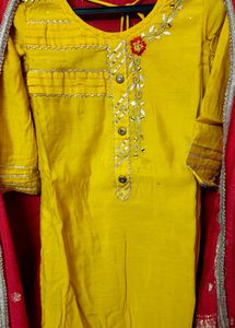 Yellow &amp; Red Embroidered Kurta Set