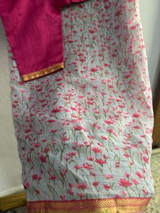 Pink Floral Print Saree with stitched blouse