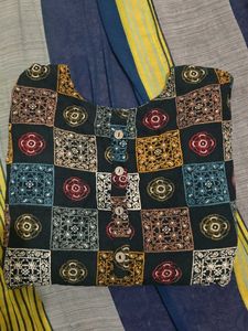 black with multi colour design straight kurti for