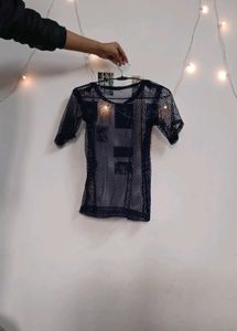 Navy blue mesh cover-up top
