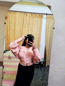 PINK BALLOON SLEEVES CROP TOP WITH BELT