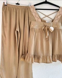 Tan Lace Trim Lounge Set