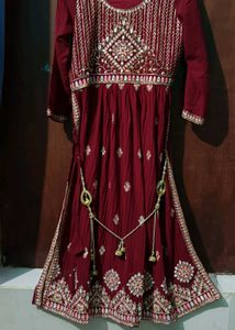 Embroidered Maroon Kurti Combo Two Piece Dress
