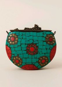Turquoise And Coral Mosaic Stone Chain Sling Bag