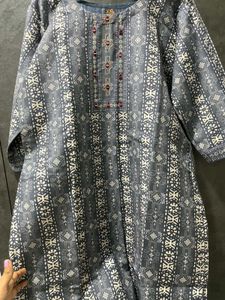 Grey Printed Kurta With Embroidery