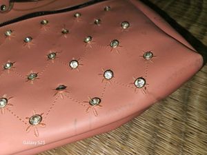 Peach Coloured Studded PU Structured Handheld Bag