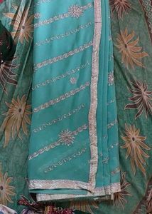 Elegant cyan Saree with Silver Work