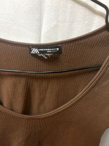 Zara Brown Ribbed Long Sleeve Top