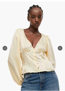 h&amp;m buff sleeves satin blouse in butter yellow