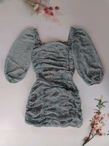 Sea Green Puff Sleeves Floral Dress