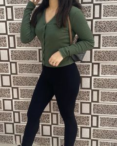 Green Ribbed Button-Down Top