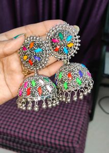 Silver Jhumka With Multi Colour Stone