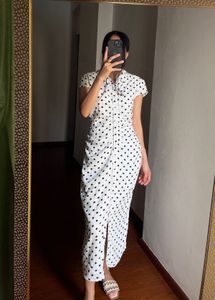 White & Black Spot Print Ruched Front MIDI Dress
