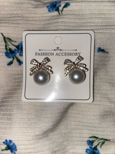 Sparkling Bow and Faux Pearl Gold Plated Studs