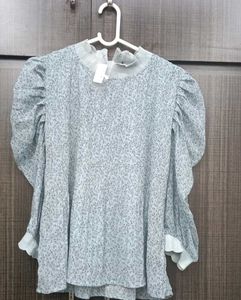 Powder Blue Floral Print Top with Long Puff Sleeve