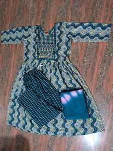 Printed Kurti Set with Striped Pants & Dupatta
