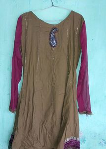 Mehendi Colur Cotton Kurta With Net Sleeves