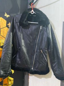 Chic Black Faux Leather Aviator Jacket w/ Fur