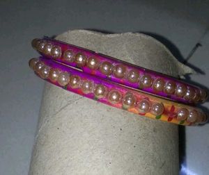 Two Multicolored pearl Studded Glass Bangles
