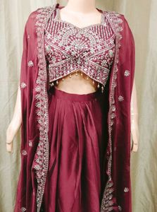 Maroon Embellished Draped skirt with top