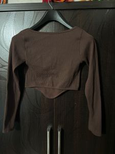 Brown Ribbed Long Sleeve Top