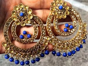 Gold &amp; Blue Beaded Hoop Earrings