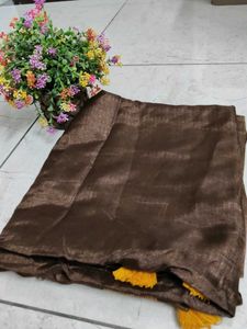 Brown Tussar Silk Saree with Tassels