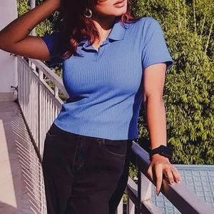 Blue Fitted Knit Cotton Top