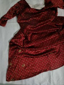 Maroon A- Line kurta, Dotted Top - Square Neck