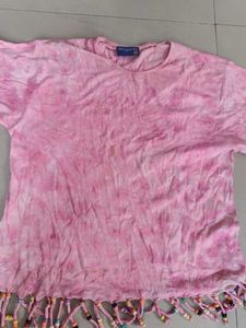 Pink Tie-Dye Tunic Top With Beaded Fringes